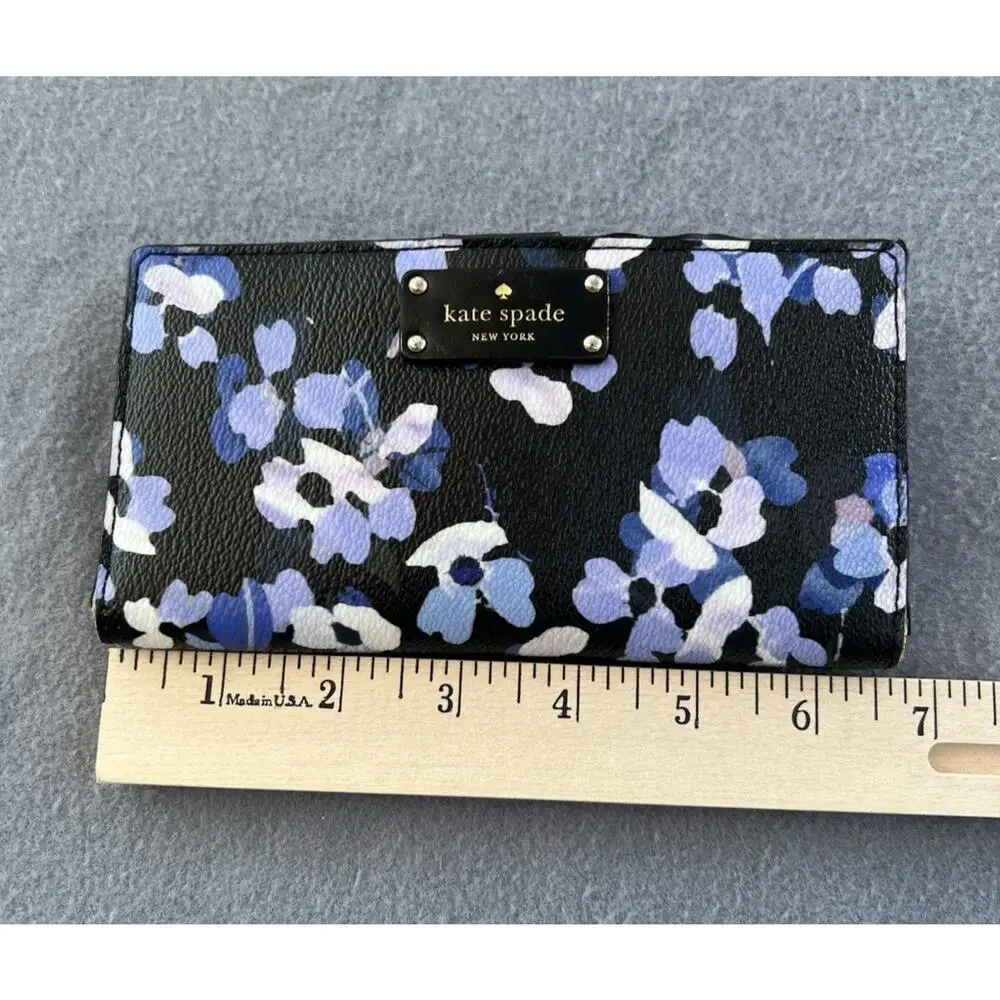 Kate Spade Stacy Grove Street Bifold Card Wallet Black Blue Floral Leather Slim